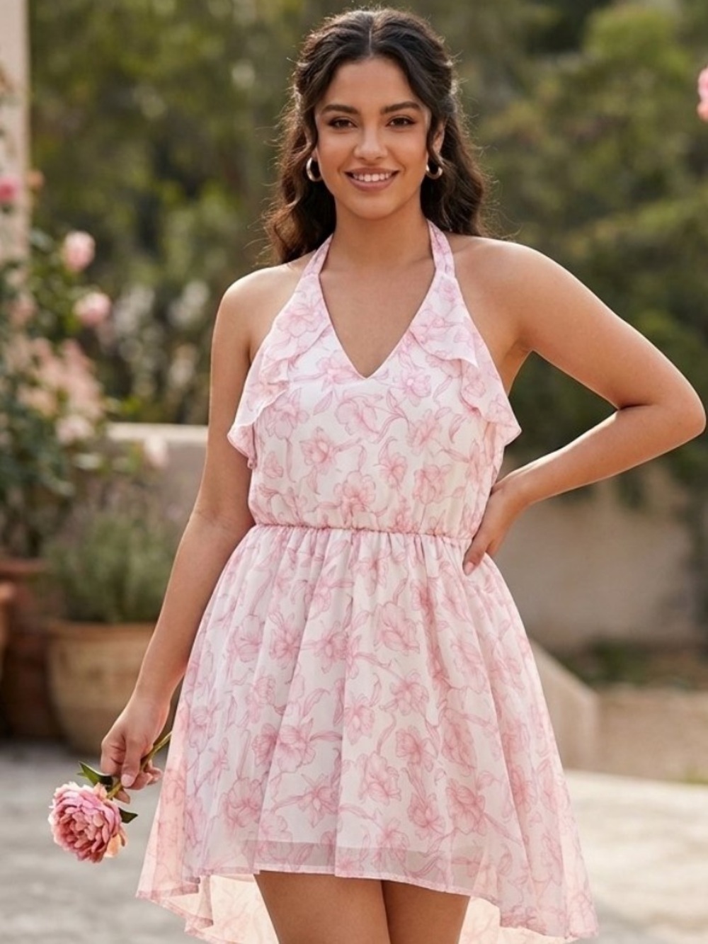 Lush Pink Floral Halter Tie-Back Dress
Medium